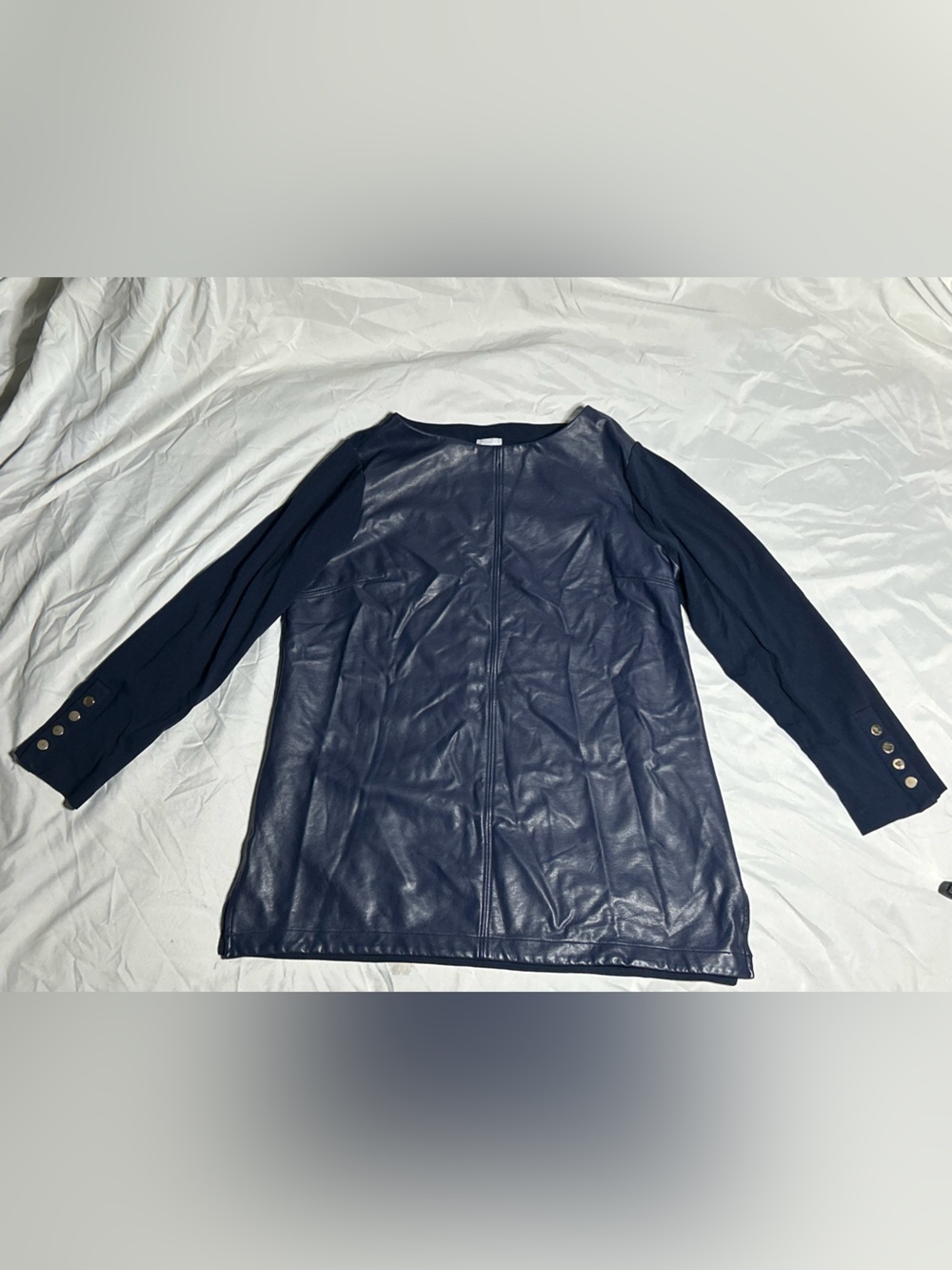 Chico's Navy Faux Leather Front Tunic with Knit Sleeves